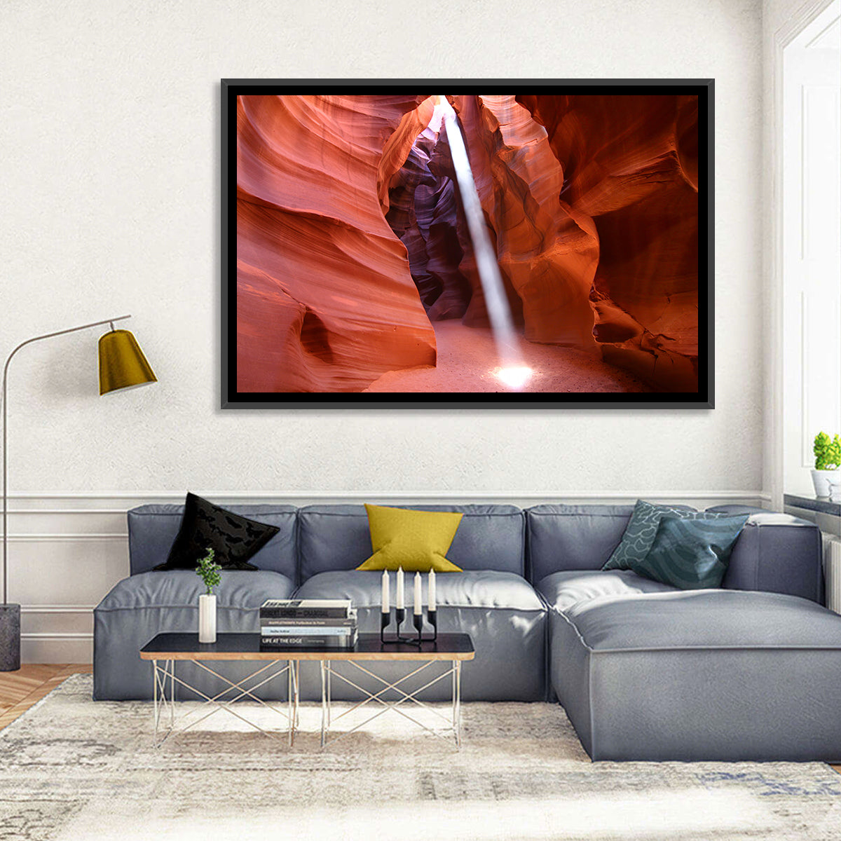 Antelope Canyon Light Beam Wall Art in a room, landscape