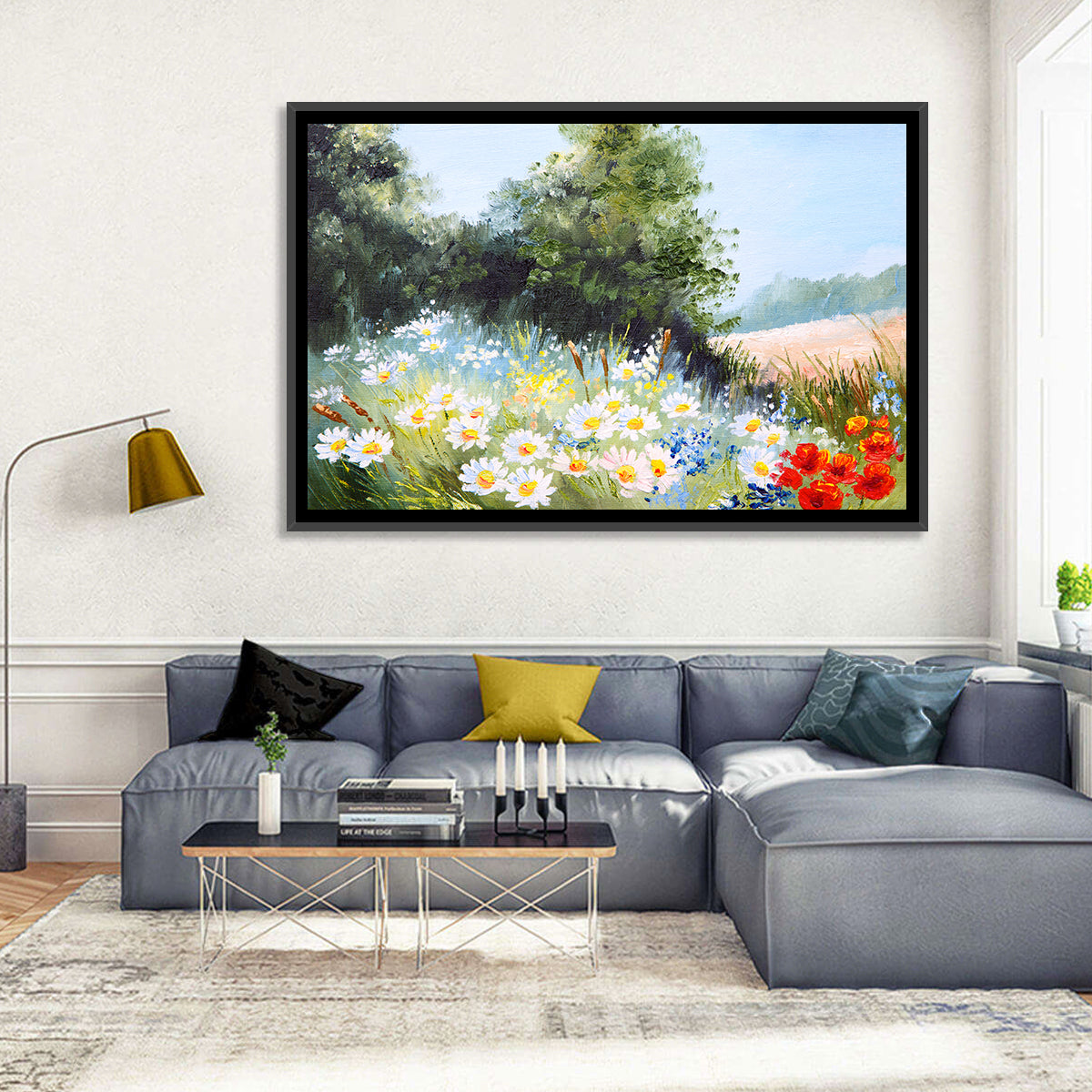 Sunny Daisy Meadow with Red Poppies Wall Art