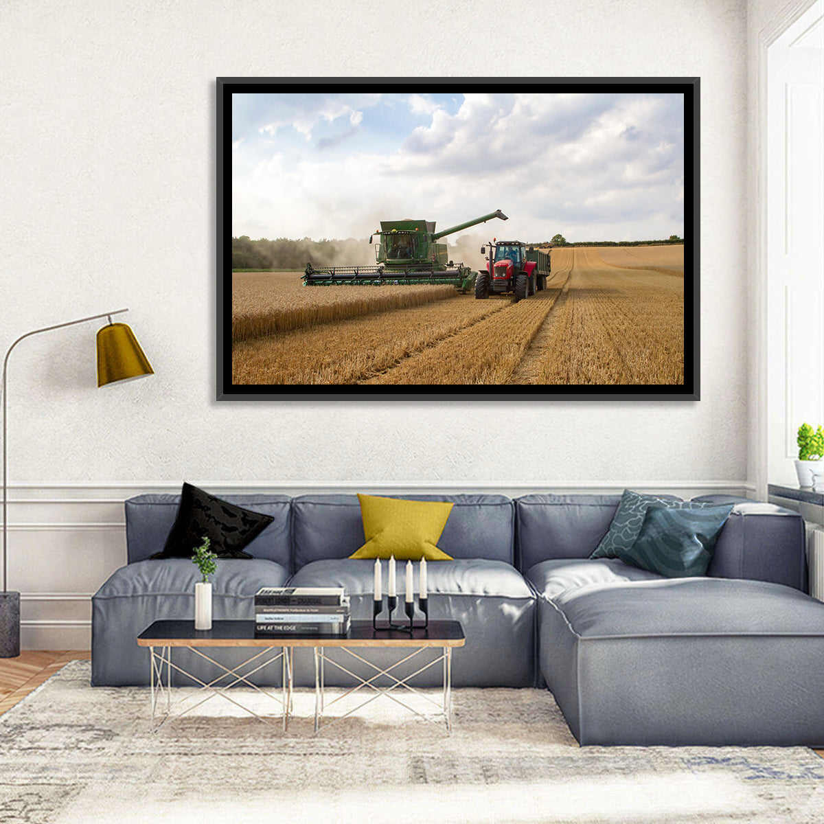 Wheat Harvest with Combine and Tractor Wall Art in a room, landscape