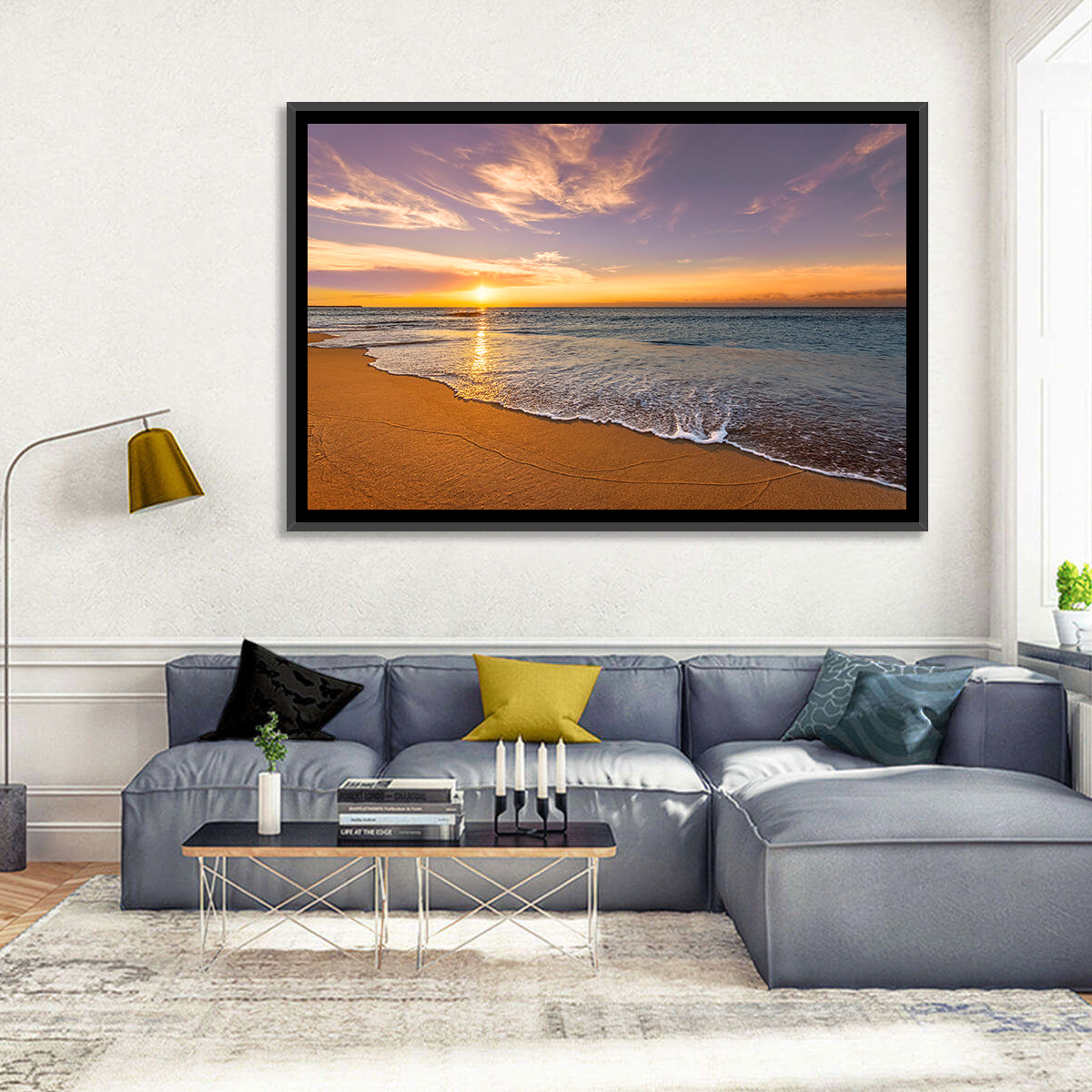 Sunrise Over Ocean Beach Wall Art in a room, landscape