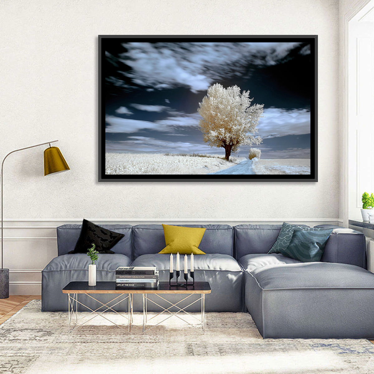 Infrared Winter Willow Tree Wall Art in a room, landscape
