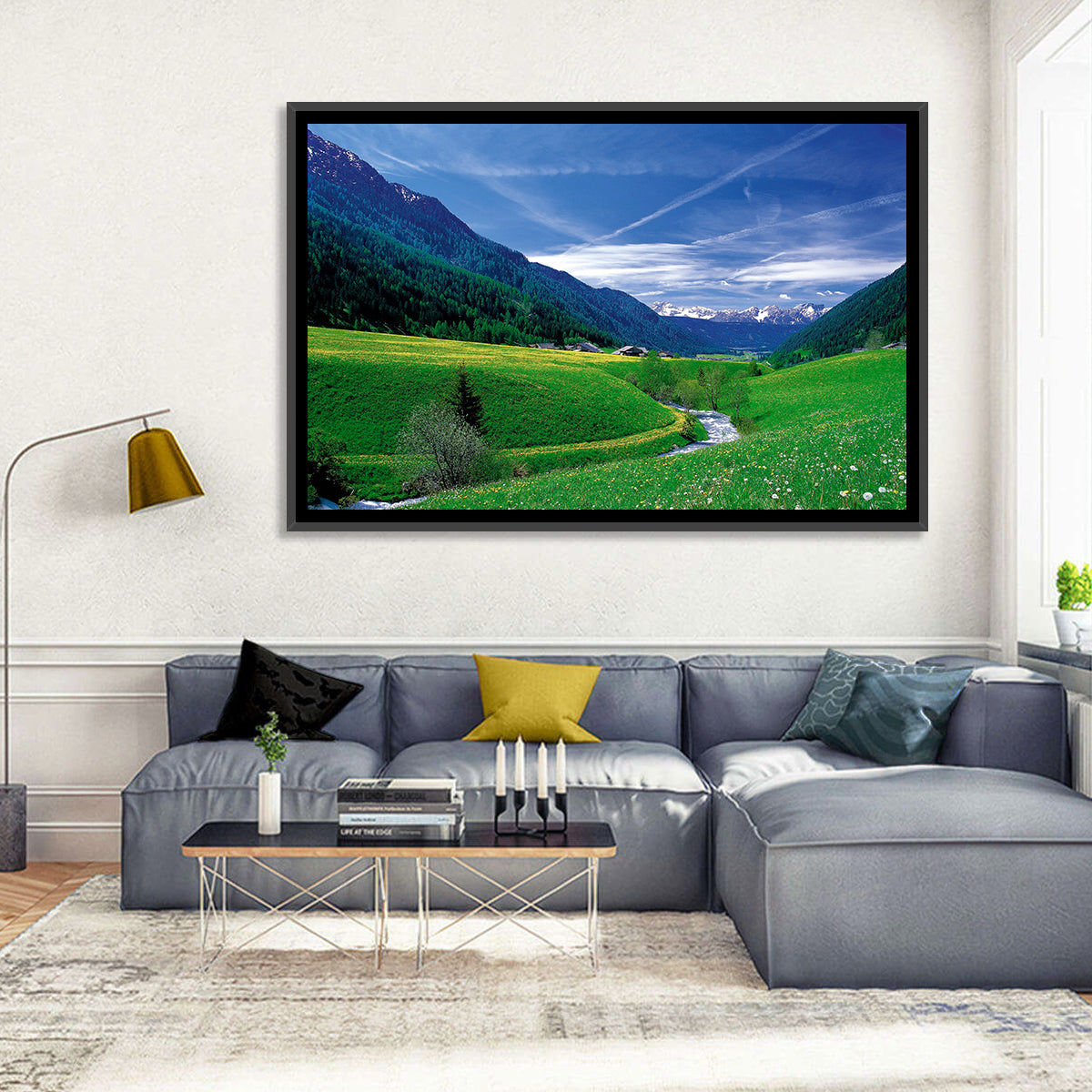 Snow-capped Peaks and Floral Meadow Wall Art in a room, landscape