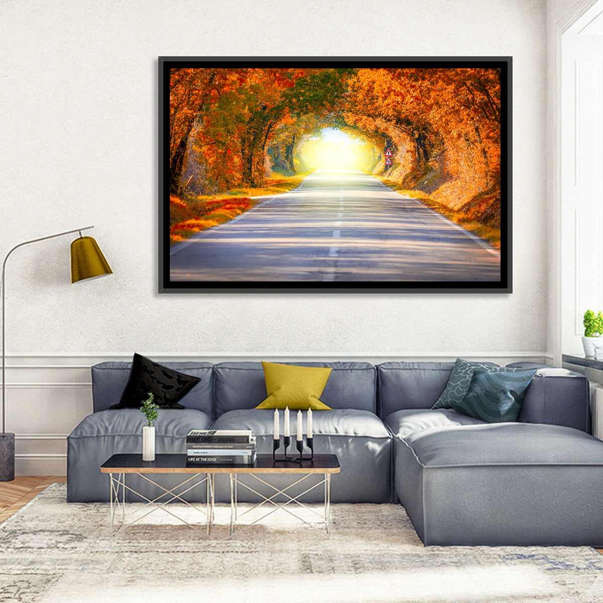 Golden Autumn Tree Tunnel Wall Art in a room, landscape