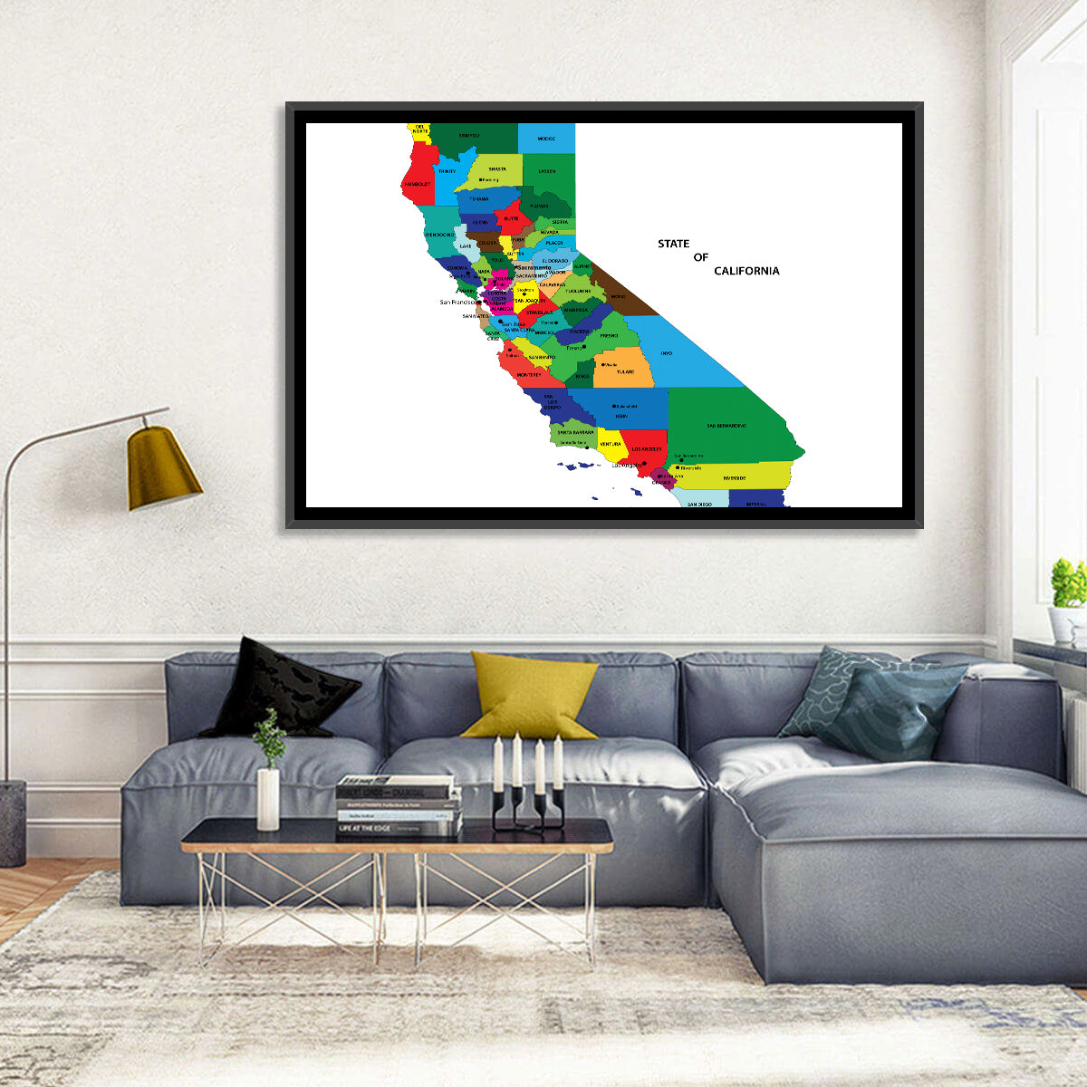 California Map with Colored Counties Wall Art in a room, landscape