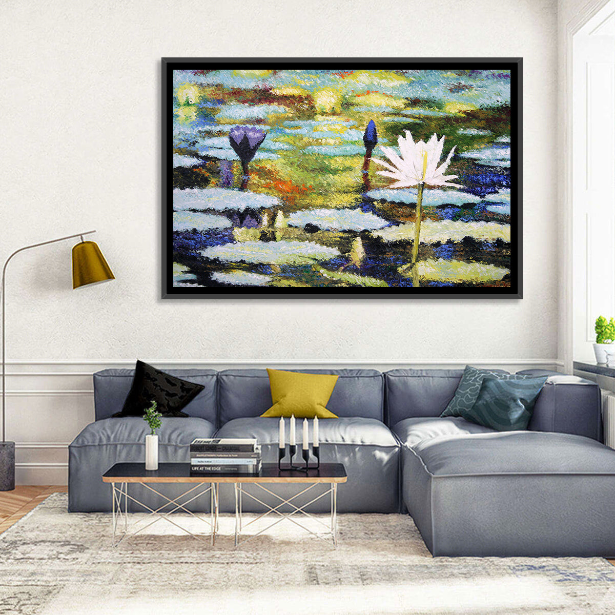 Impressionist Water Lilies Study Wall Art in a room, landscape