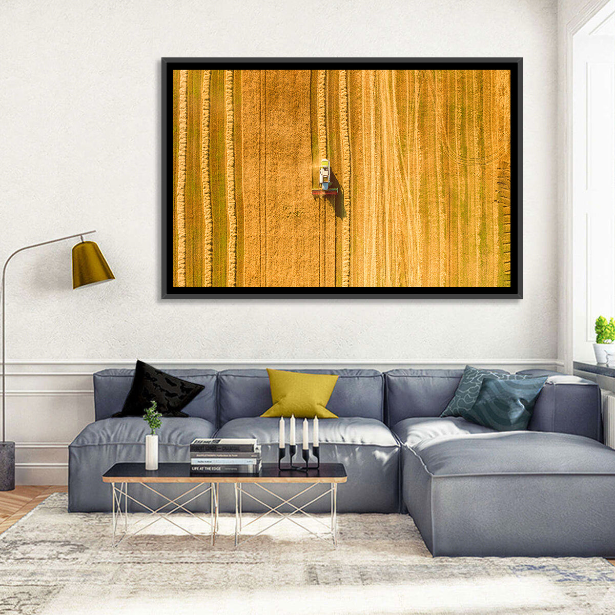Aerial Wheat Harvest Wall Art in a room, landscape
