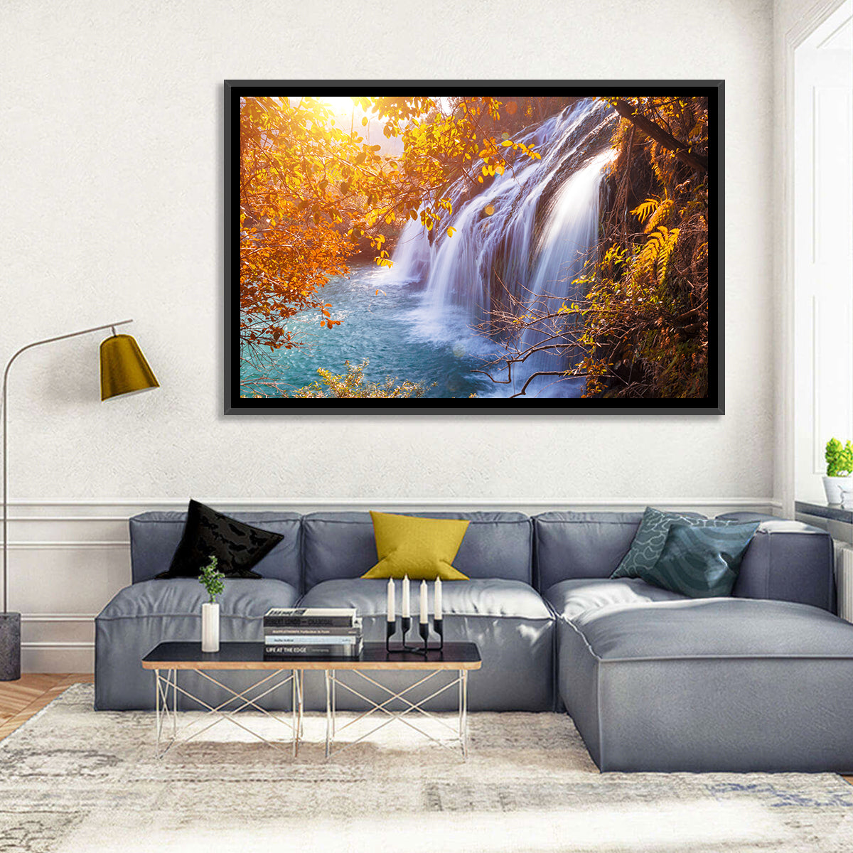 Golden Hour Waterfall in Autumn Forest Wall Art in a room, landscape