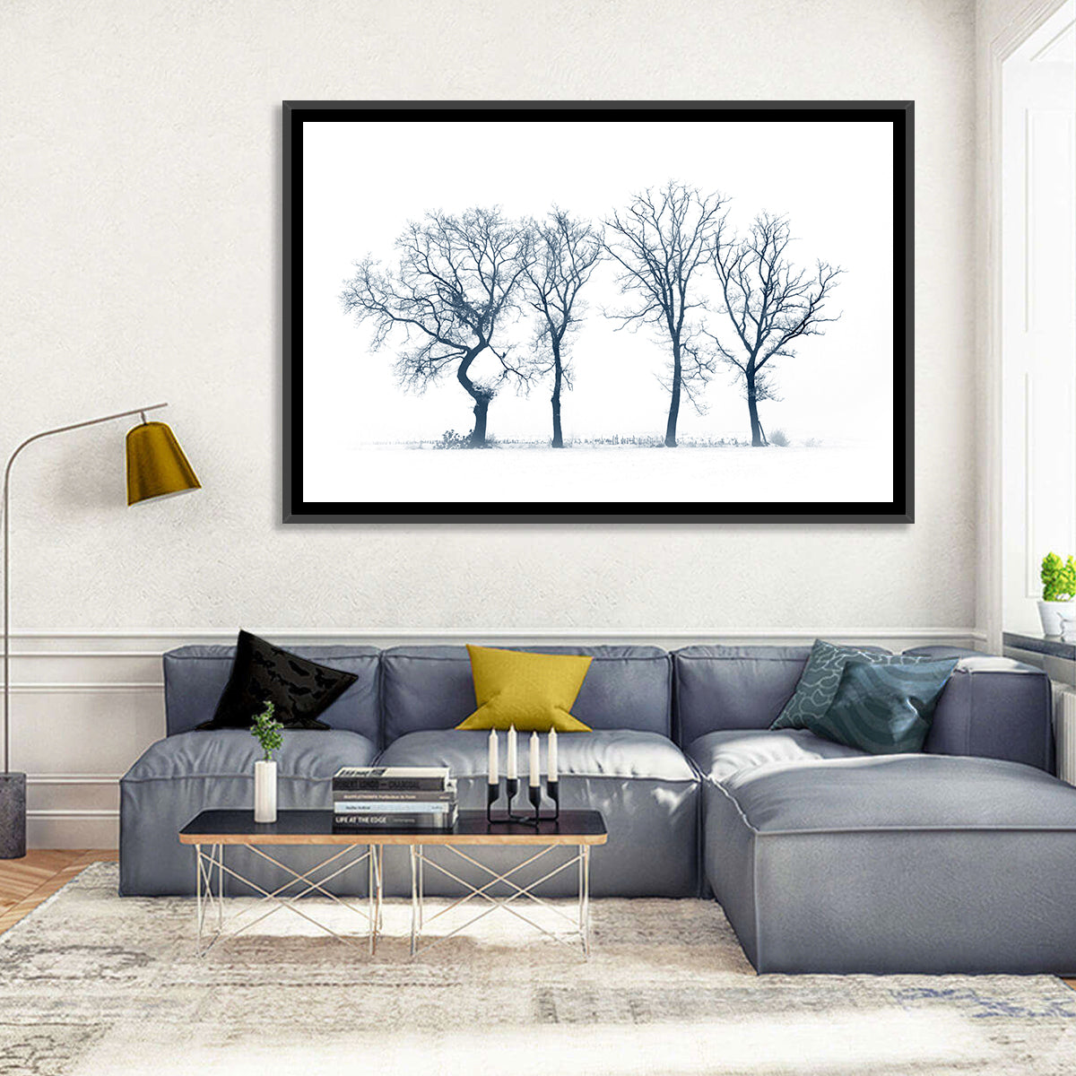 Four Bare Trees in Winter Wall Art in a room, landscape