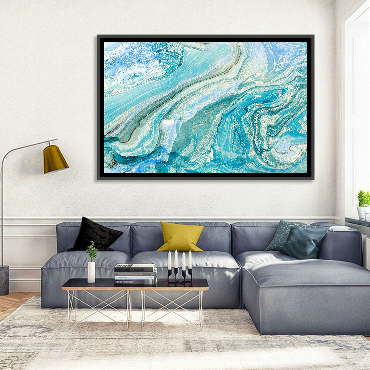 Aqua Marble Swirls with Silver Accents Wall Art
