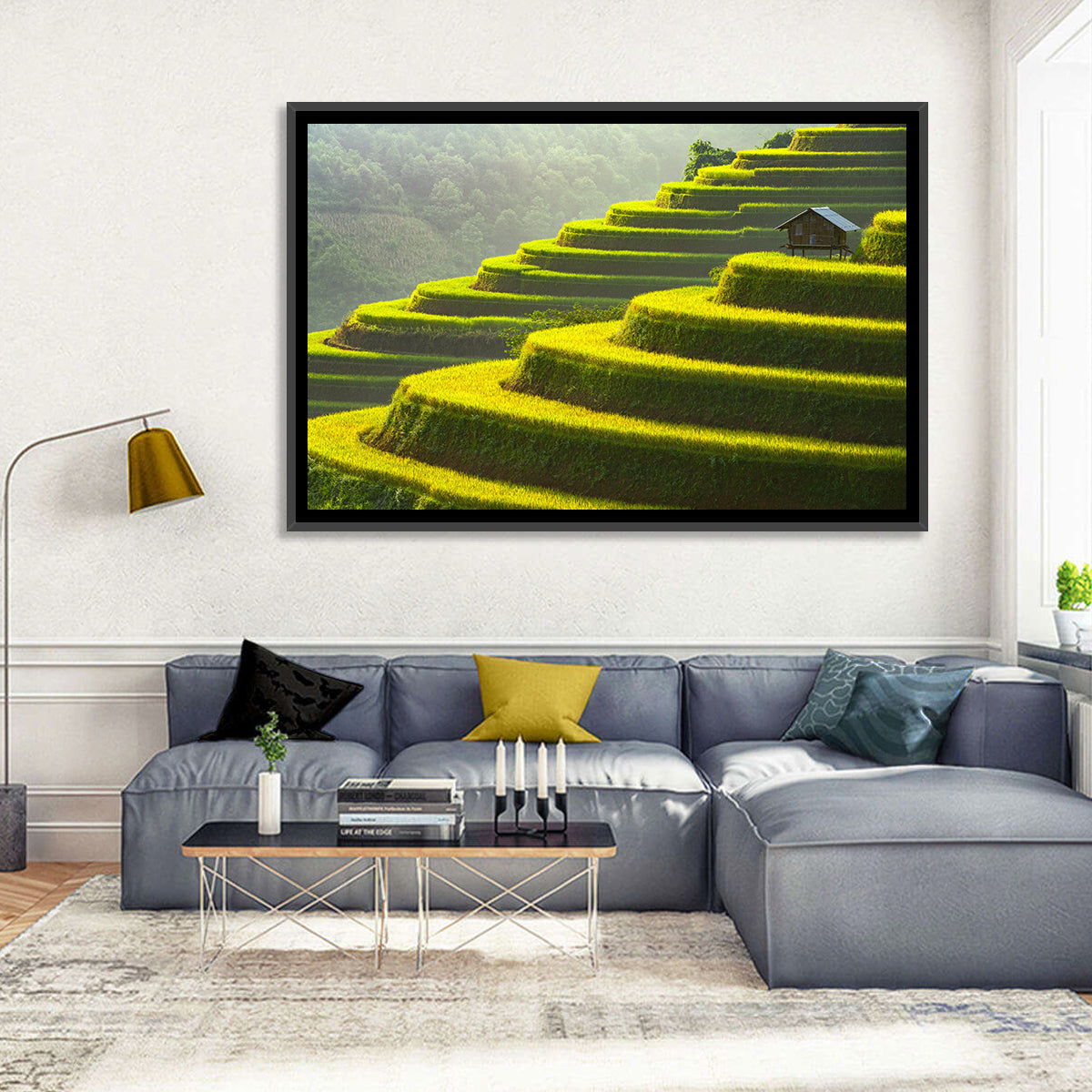 Golden Rice Terraces Wall Art in a room, landscape
