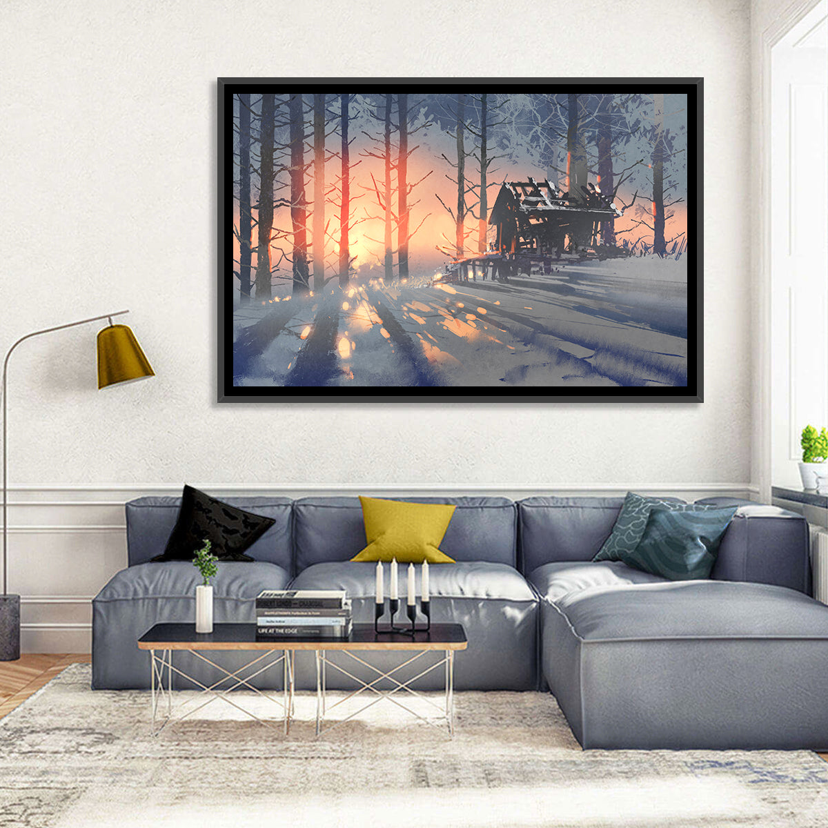 Snowy Forest Cabin at Sunset Wall Art in a room, landscape