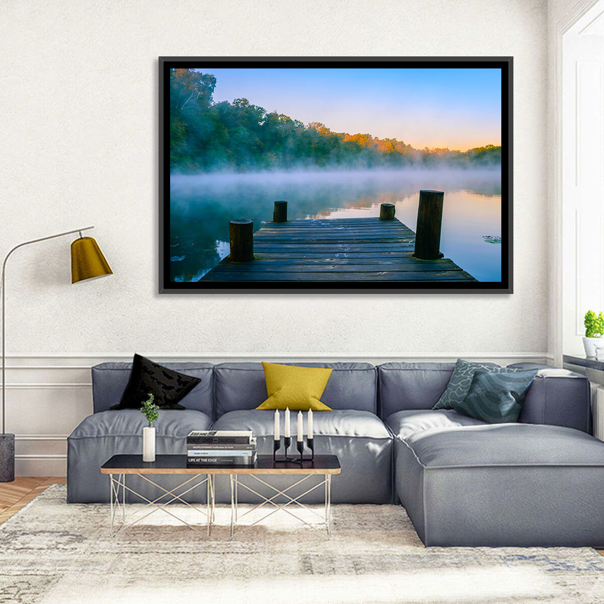 Misty Dock, Mt Saint Francis Wall Art in a room, landscape