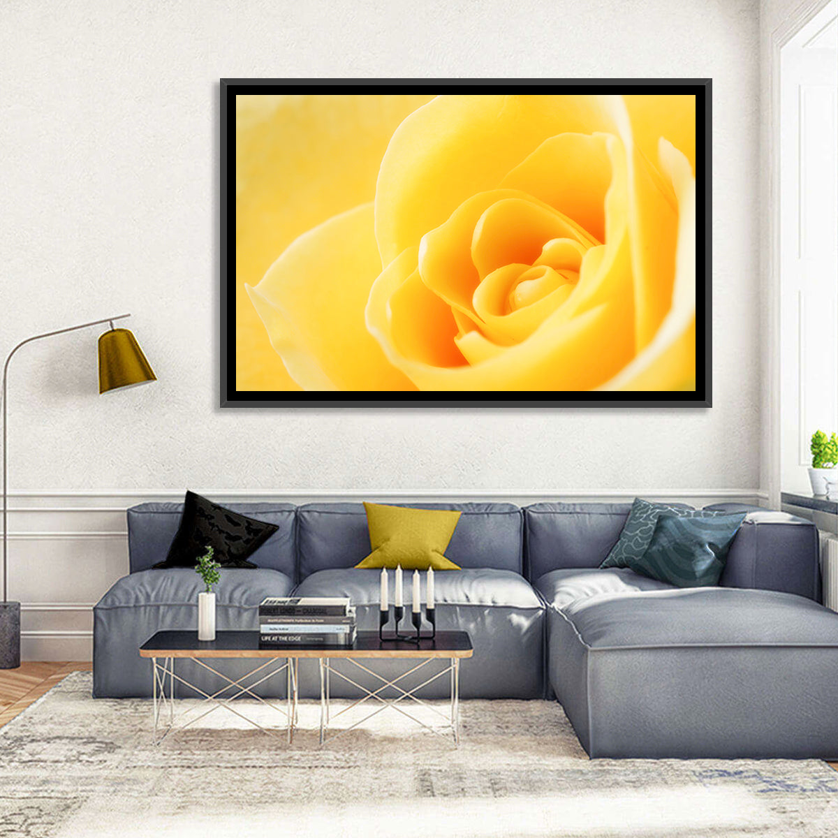 Soft-lit Yellow Rose Close-up Wall Art in a room, landscape