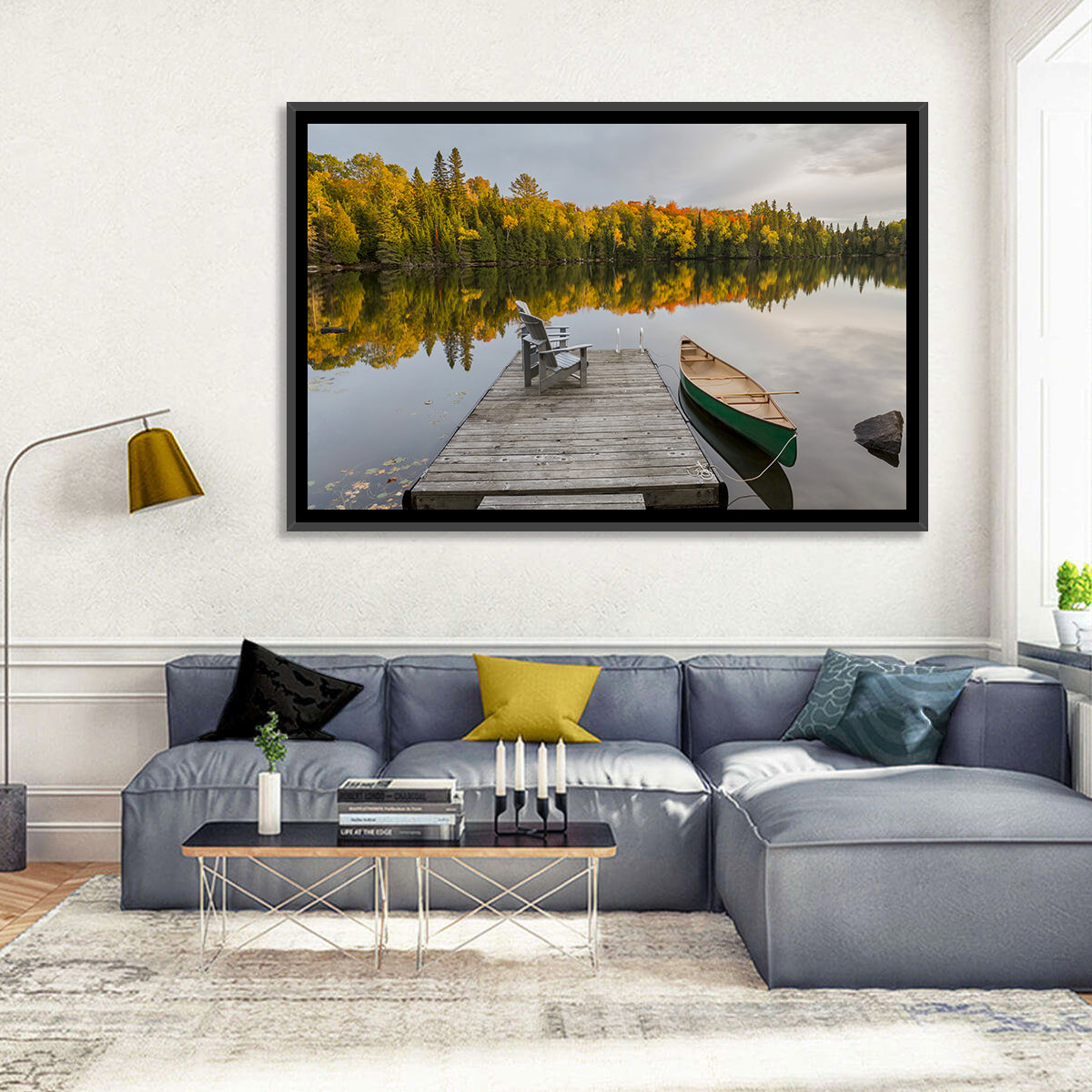 Ontario Autumn Lake Dock Wall Art in a room, landscape