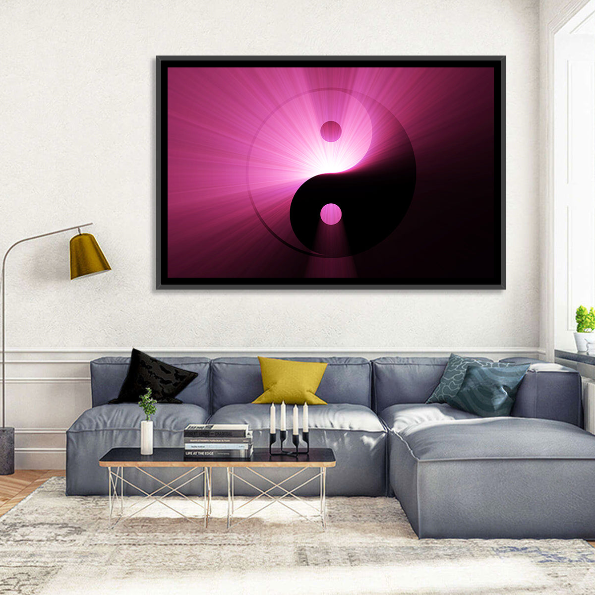 Magenta Yin Yang Symbol Wall Art in a room, landscape