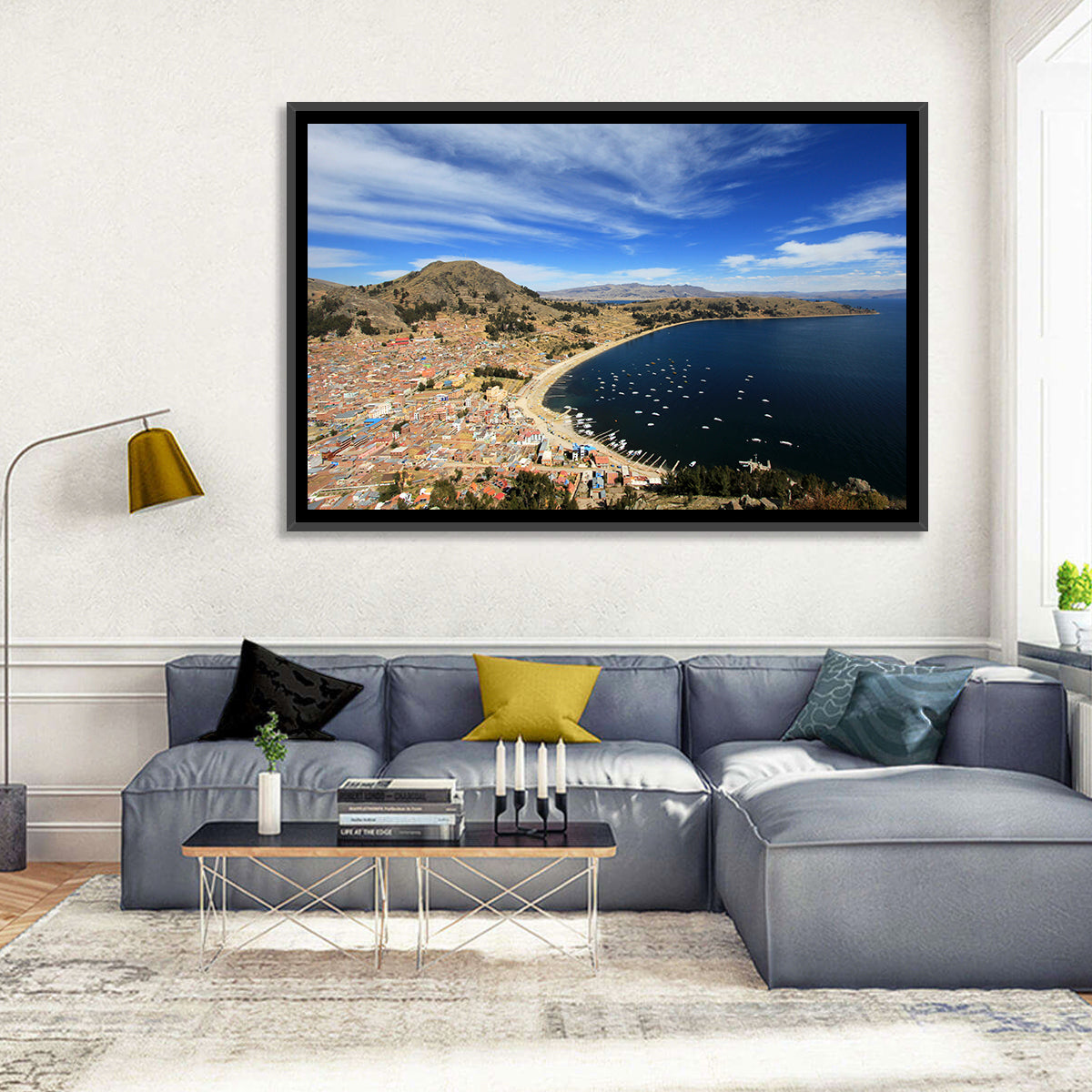 Copacabana Aerial Over Lake Titicaca Wall Art in a room, landscape