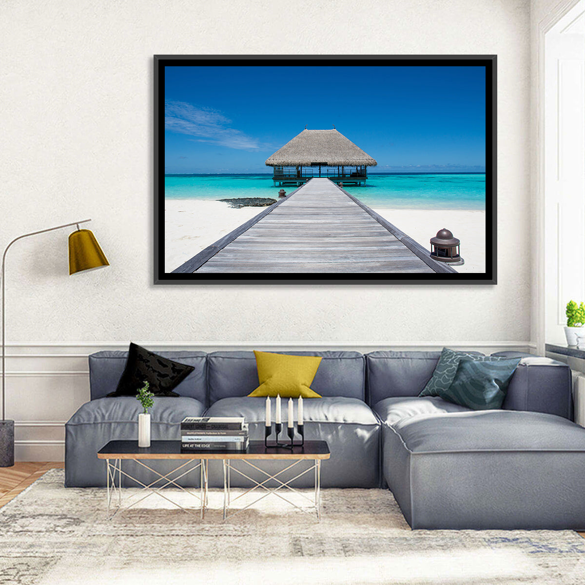 Maldives Turquoise Pier Wall Art in a room, landscape