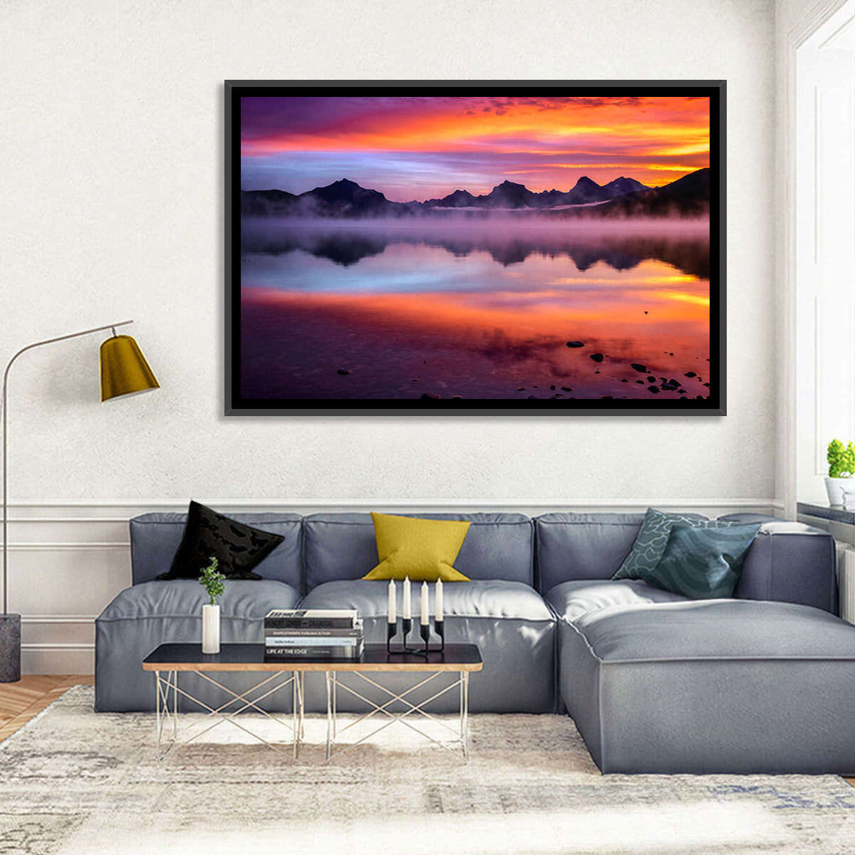 Lake Mcdonald Misty Sunset Wall Art in a room, landscape