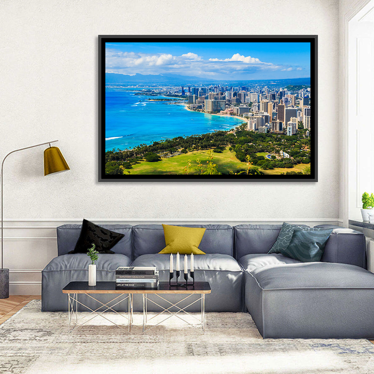 Honolulu Skyline Wall Art in a room, landscape