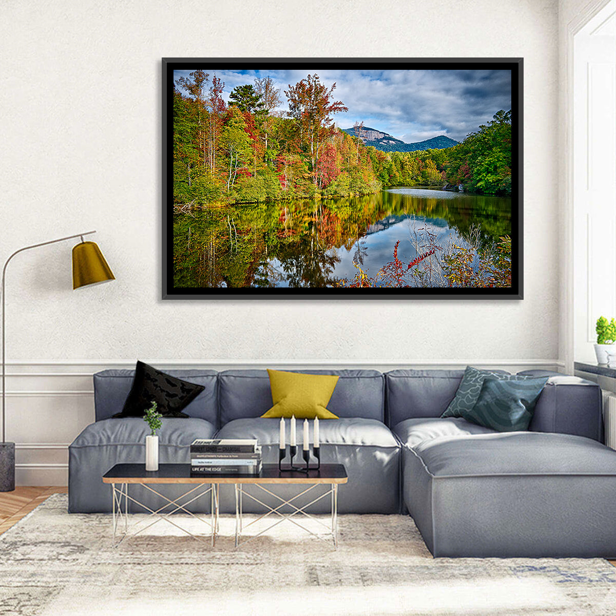 Lake Jocassee Autumn Reflection Wall Art in a room, landscape