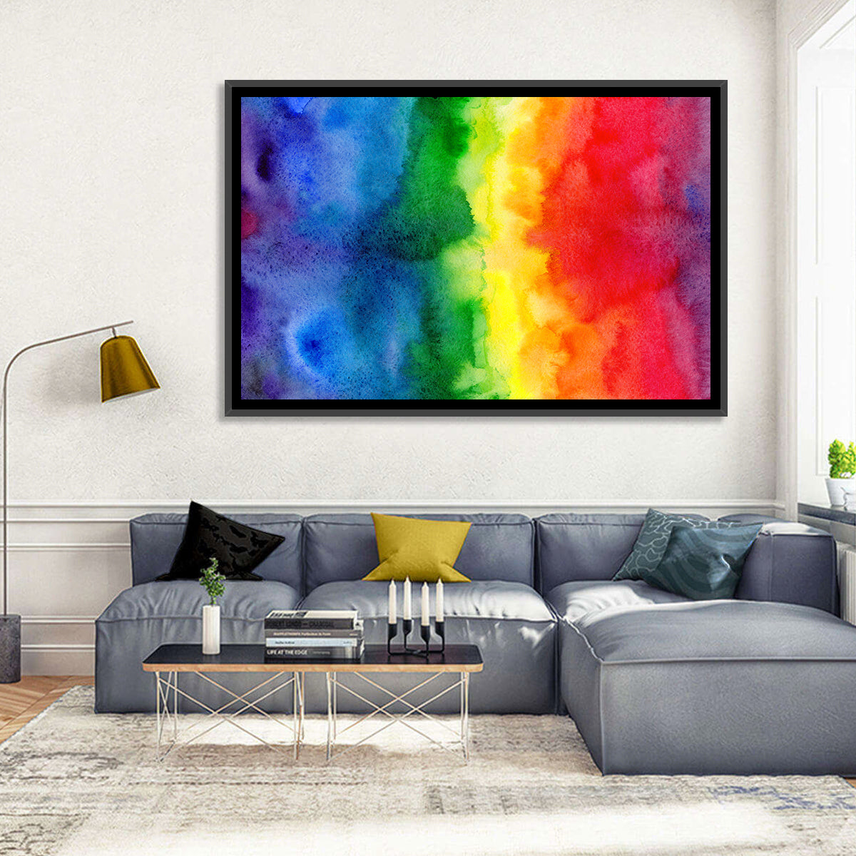 Watercolor Rainbow Gradient Wall Art in a room, landscape