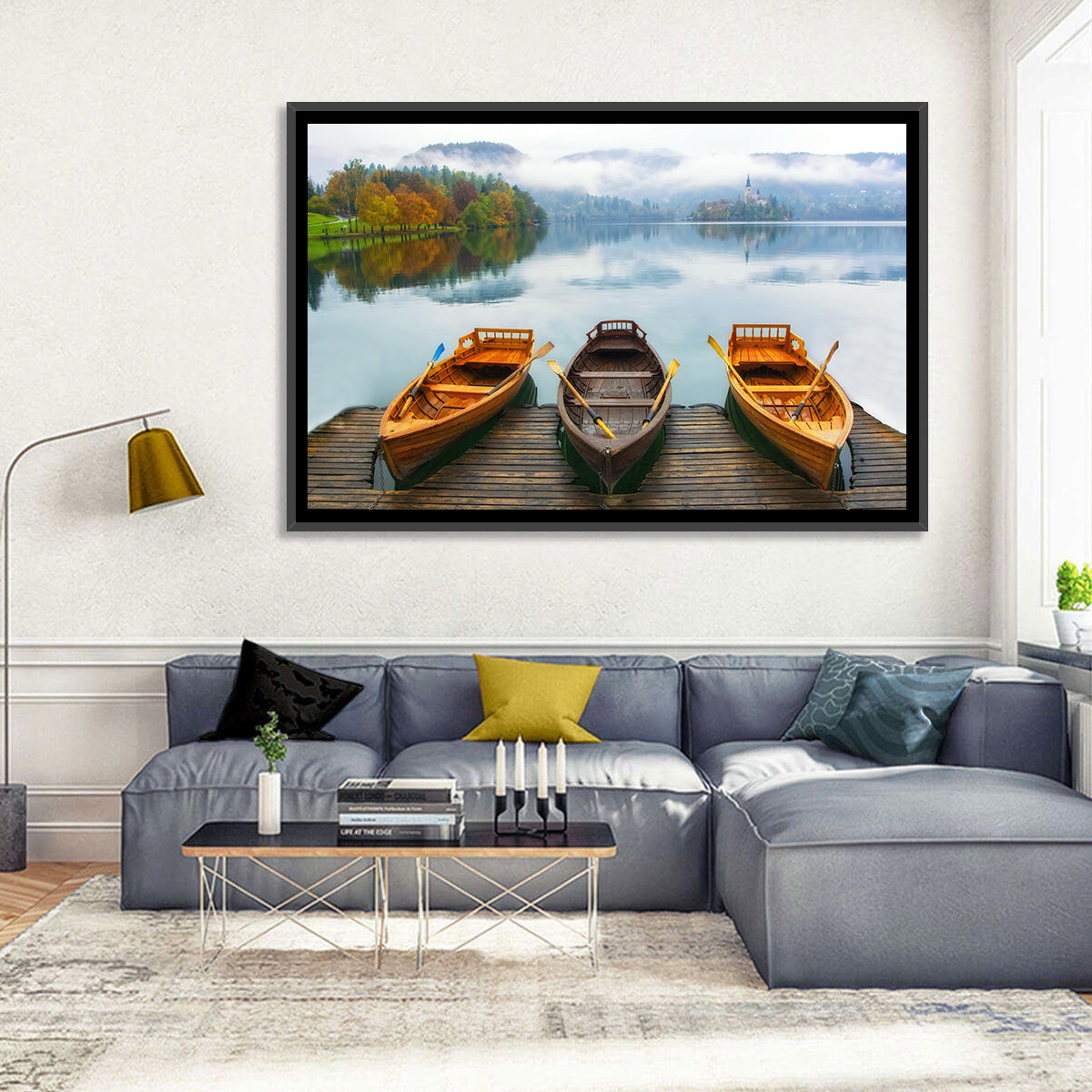 Moored Boats on Misty Lake Bled Wall Art in a room, landscape