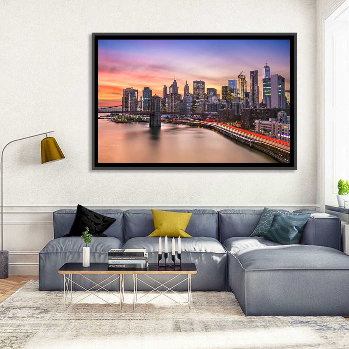 Brooklyn Bridge Light Trails Over Lower Manhattan Wall Art in a room, landscape