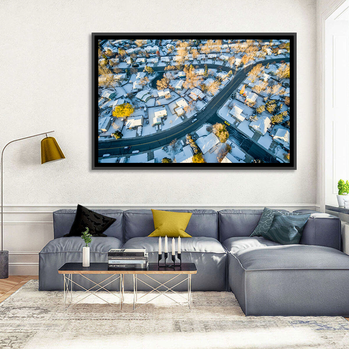 Snowy Fort Collins Neighborhood Aerial Wall Art in a room, landscape
