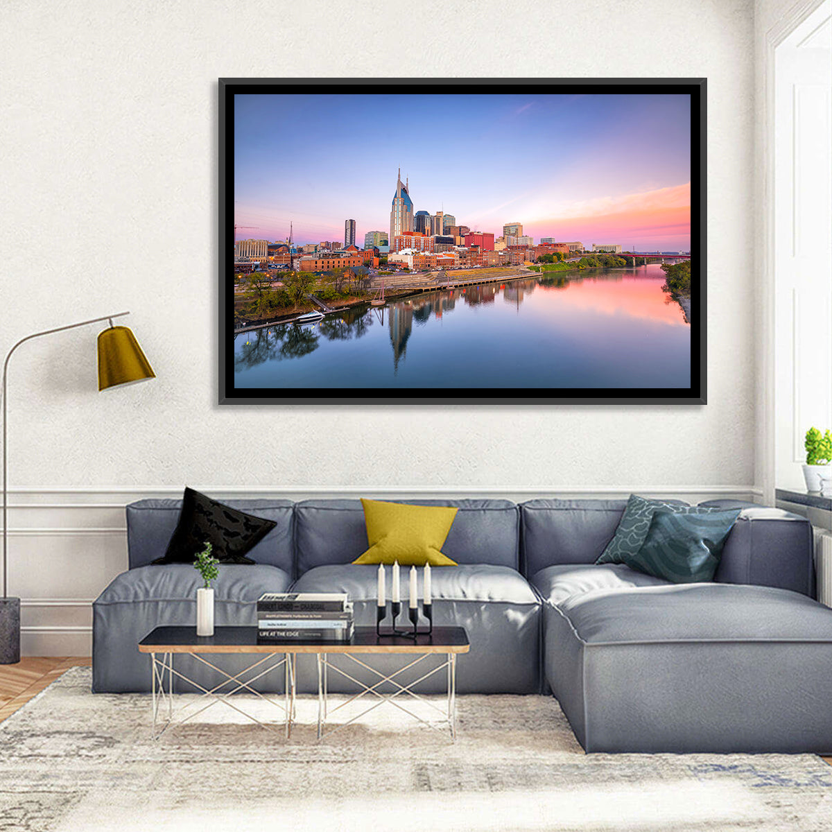Nashville Skyline at Dusk Wall Art in a room, landscape