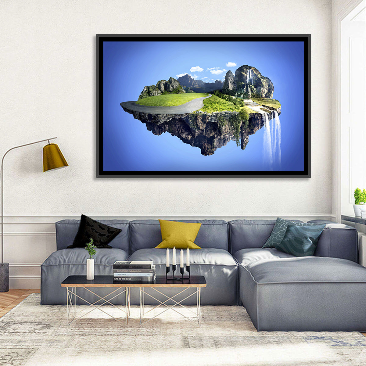 Surreal Floating Island with Waterfalls Wall Art in a room, landscape