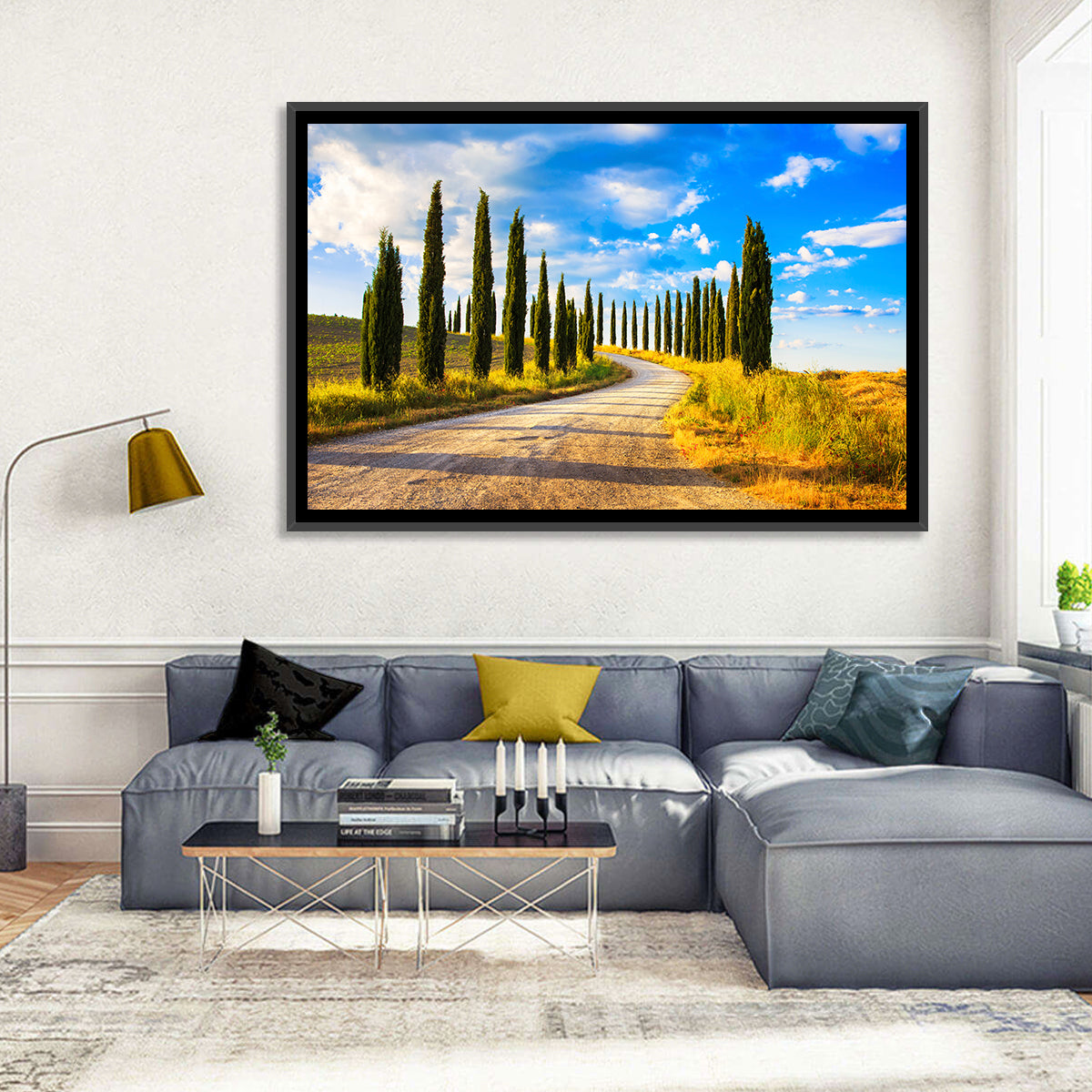 Sunlit Tuscany Cypress Road Wall Art in a room, landscape