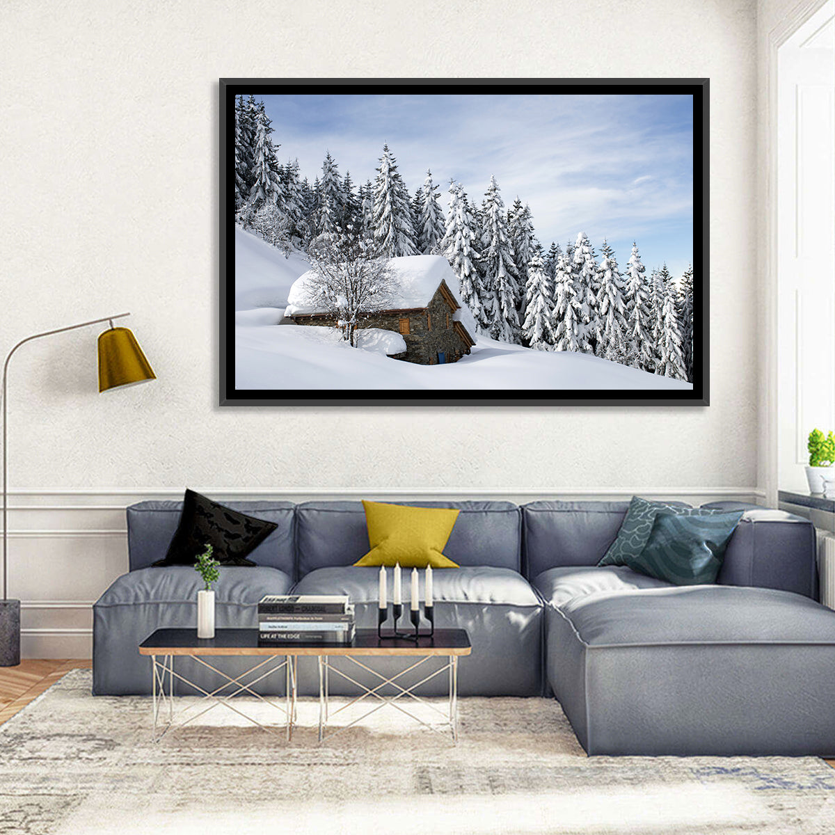 Snow Covered Alpine Cabin Wall Art in a room, landscape