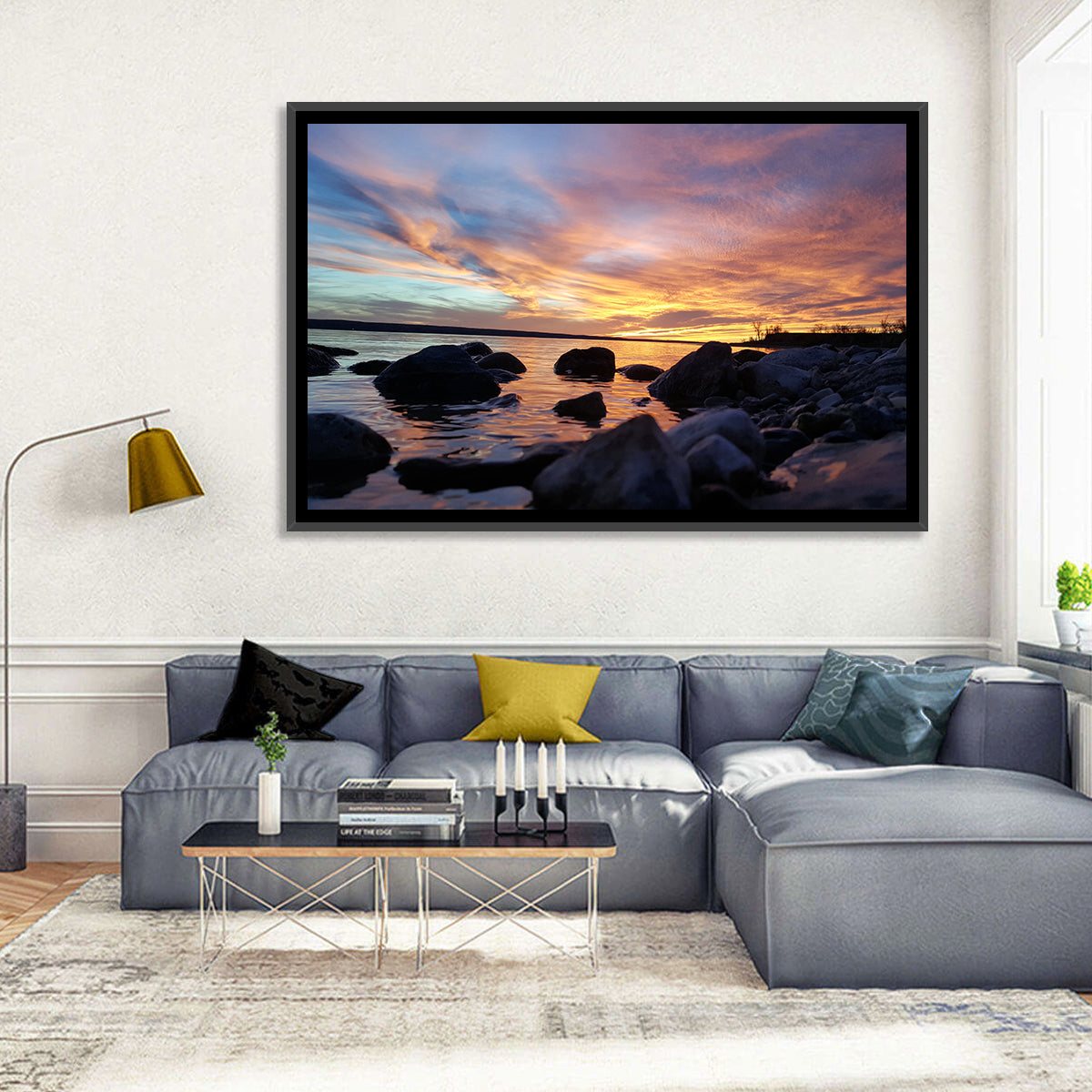 Lake Sakakawea Sunset Wall Art in a room, landscape