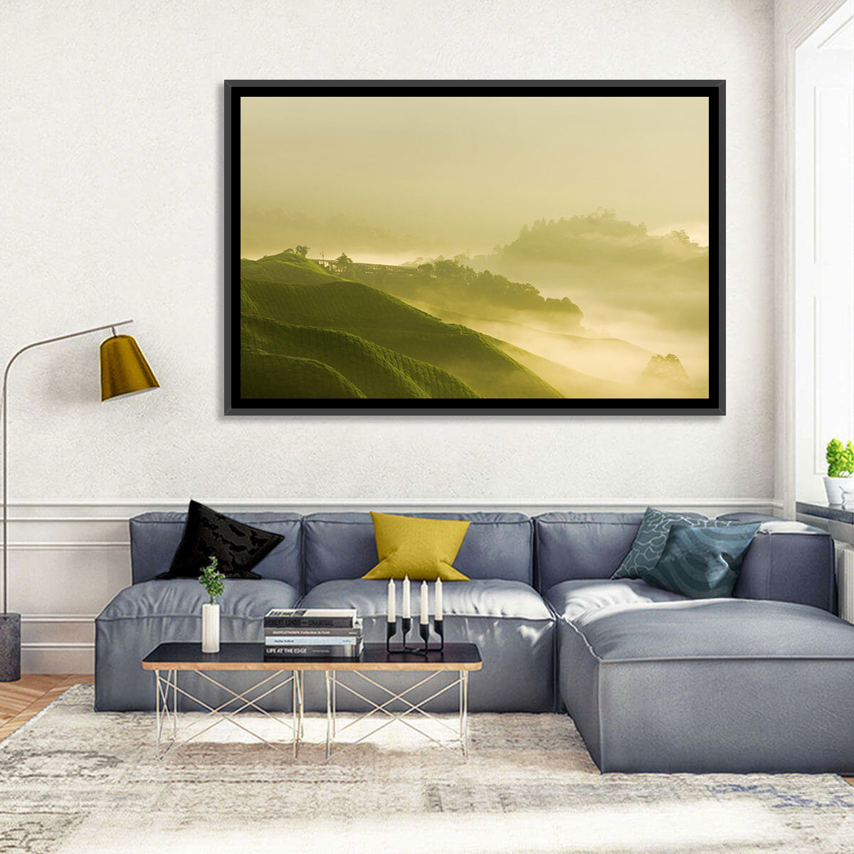 Tea Plantation Morning Mist Wall Art in a room, landscape
