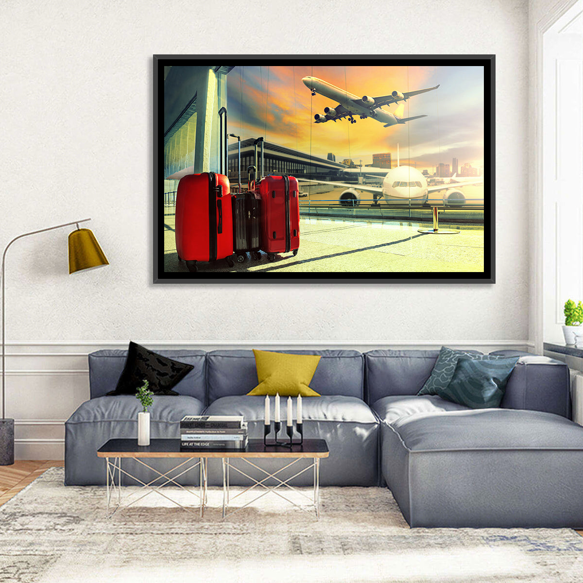 Suitcases at the Airport Window Wall Art in a room, landscape