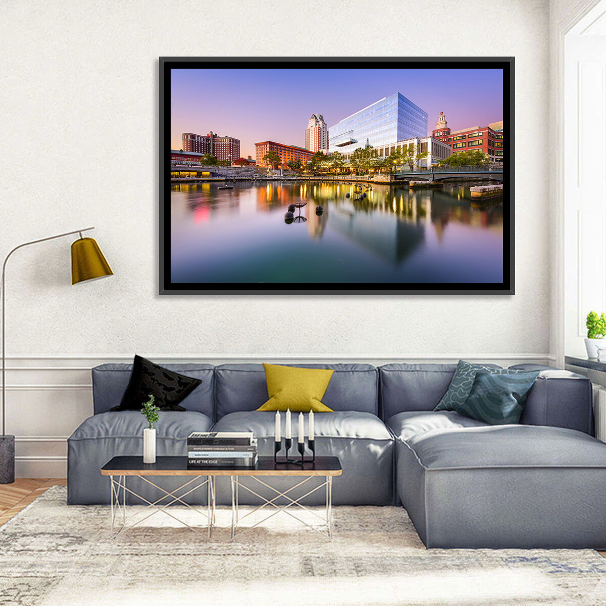 Providence River Skyline at Twilight Wall Art in a room, landscape