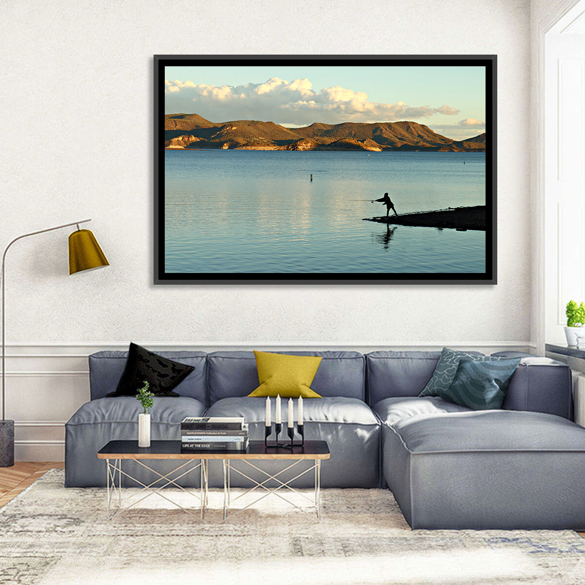 Lake Pleasant Fisherman Silhouette Wall Art in a room, landscape