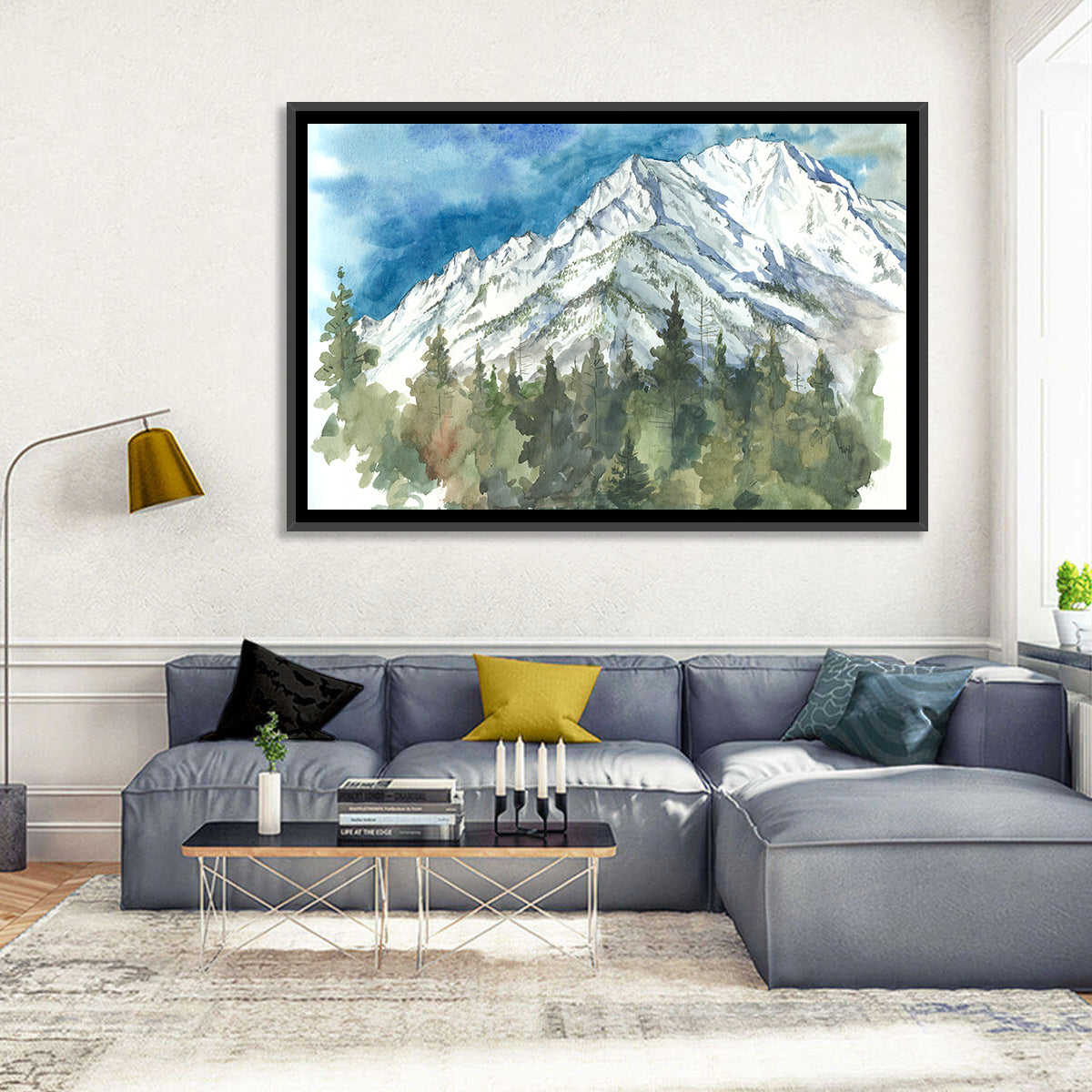 Snowy Mountain Watercolor Wall Art in a room, landscape