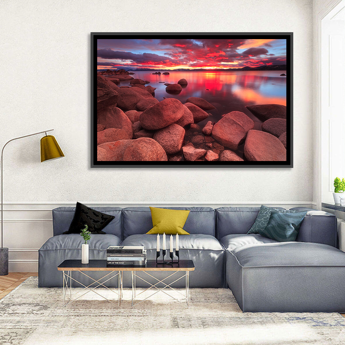 Lake Tahoe Sunset Reflection Wall Art in a room, landscape