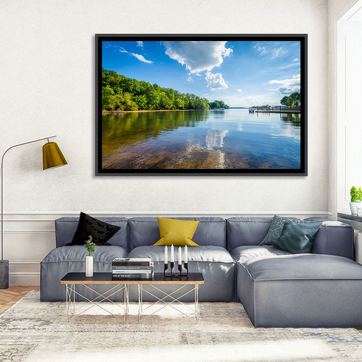 Lake Norman Dockside Reflection Wall Art in a room, landscape