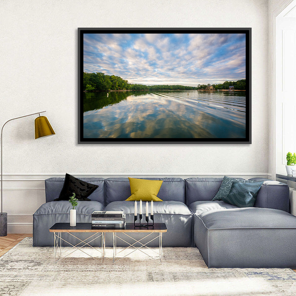 Cloudy Lake Norman Landscape Wall Art in a room, landscape