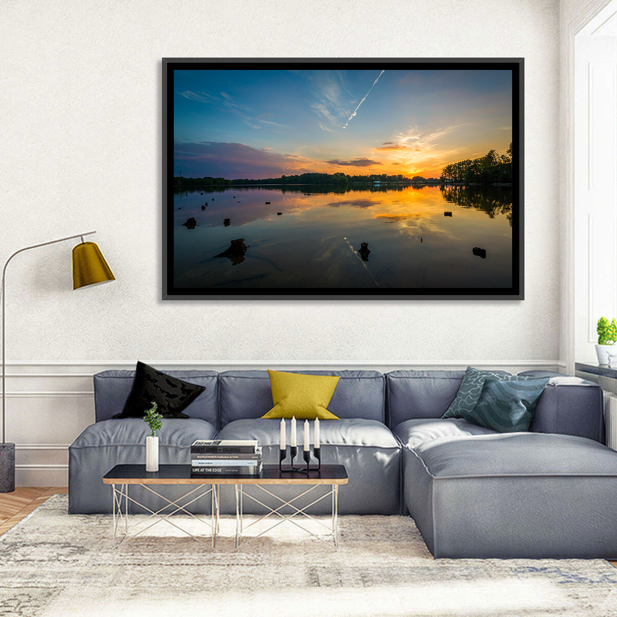 Lake Norman Sunset Reflection Wall Art in a room, landscape