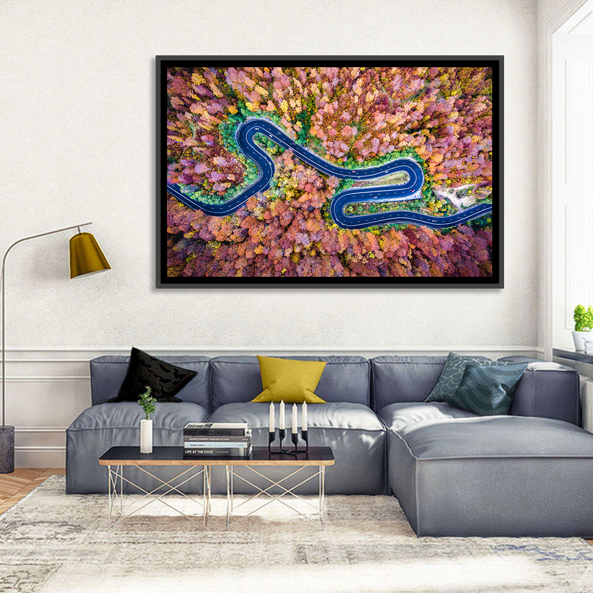 Aerial Winding Road Wall Art in a room, landscape
