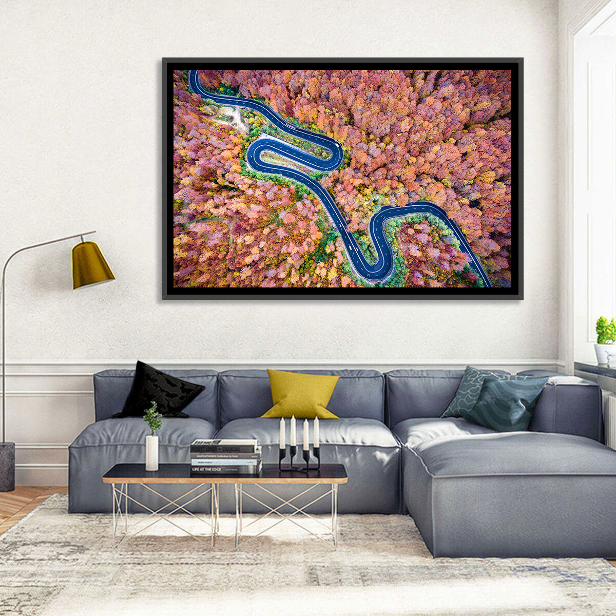 Serpentine Autumn Road Wall Art in a room, landscape