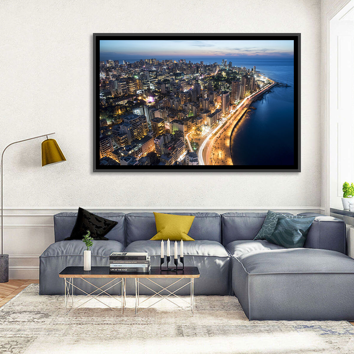 Beirut Corniche at Dusk Wall Art in a room, landscape