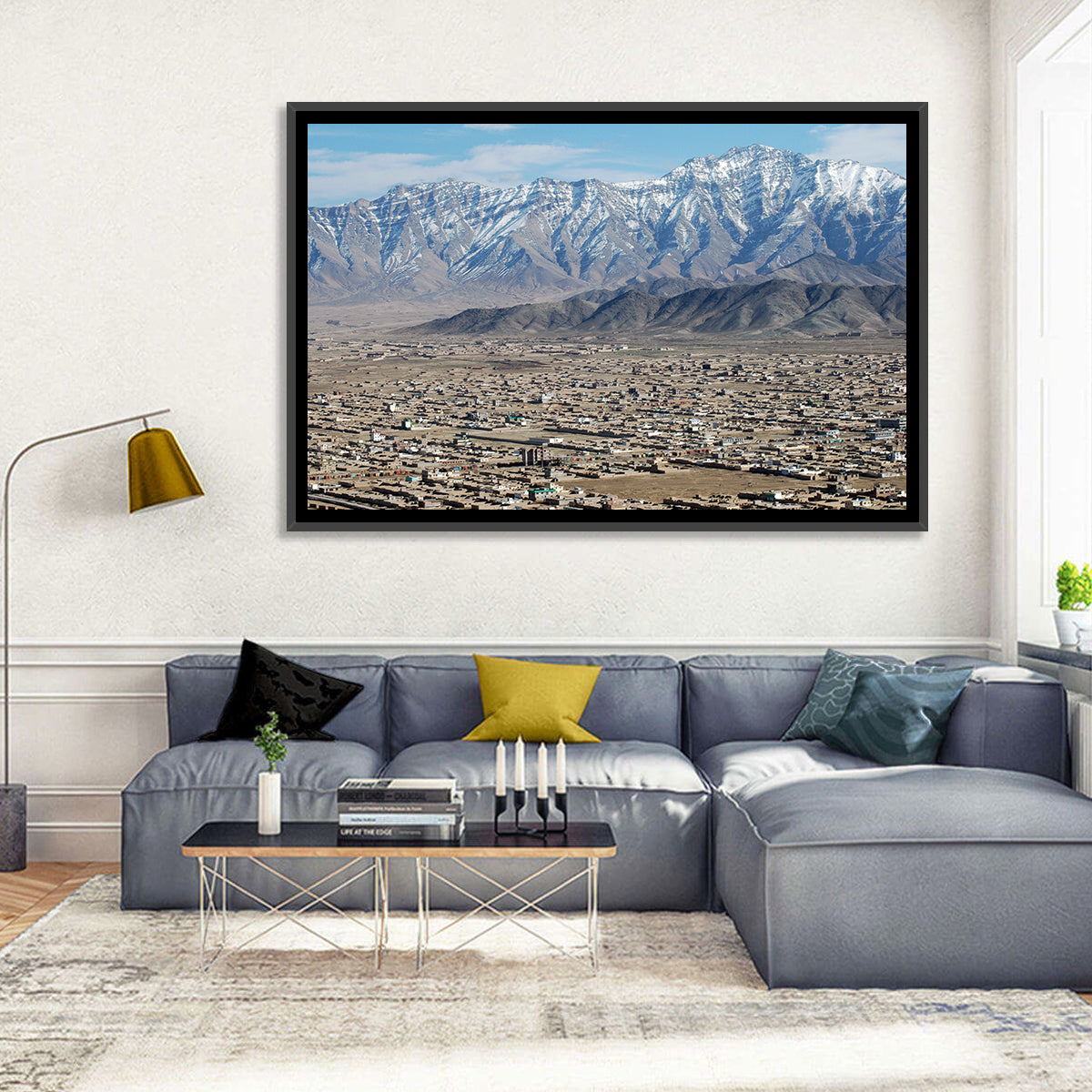 Kabul from Above with Snow-capped Mountains Wall Art in a room, landscape