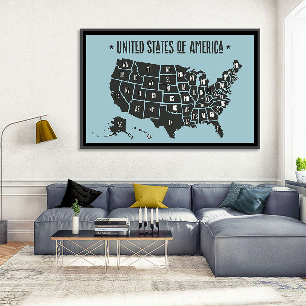 Minimalist USA Map with State Abbreviations Wall Art