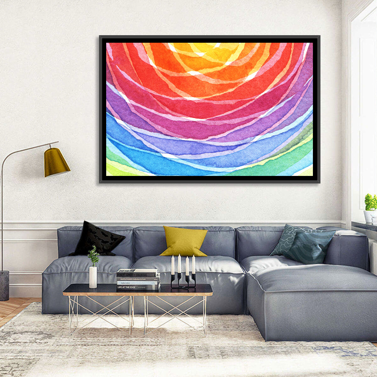 Radiant Rainbow Watercolor Arcs Wall Art in a room, landscape