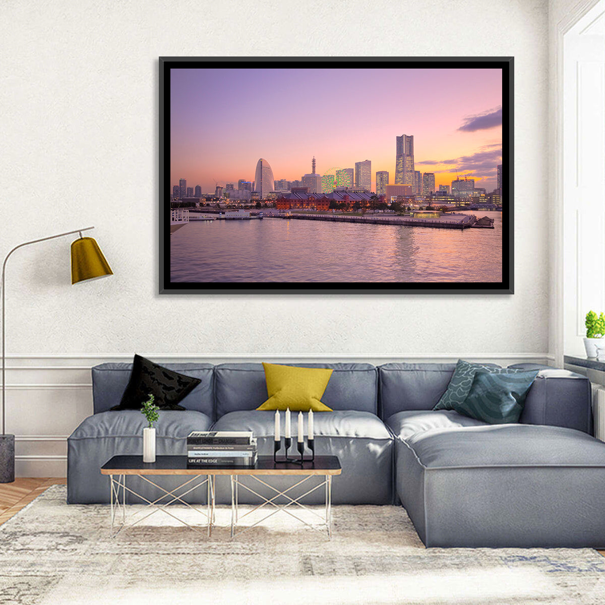 Yokohama Harbor Twilight Wall Art in a room, landscape