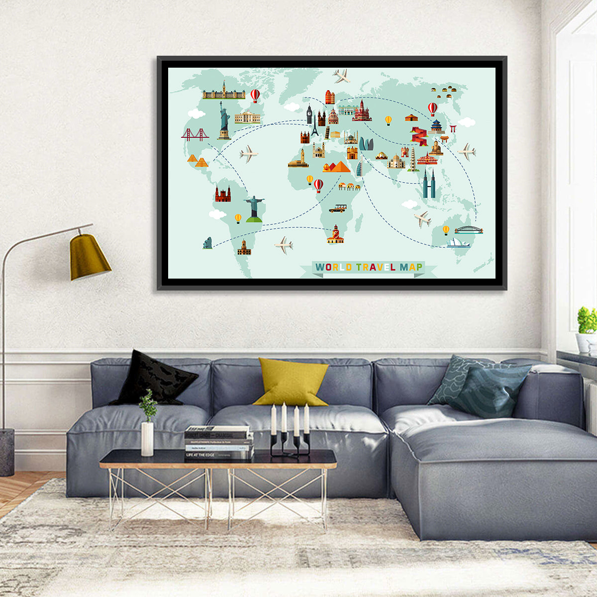 World Travel Map Illustration Wall Art in a room, landscape